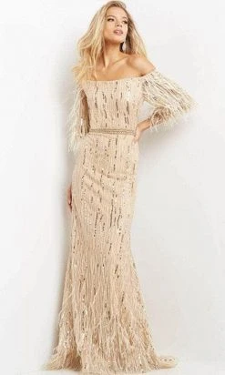 Jovani 07195 - Off-shoulder Quarter Length Sleeves Evening Gown