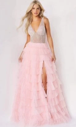 Jovani - 07235 Jeweled High Slit Tulle Gown