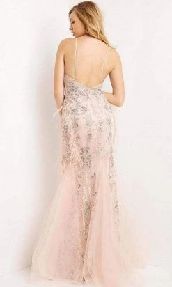 Jovani - 07514 Floral Feather-Appliques Trumpet Gown