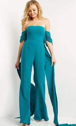 Jovani - 08209 Off Shoulder Crepe Jumpsuit With Back Tail