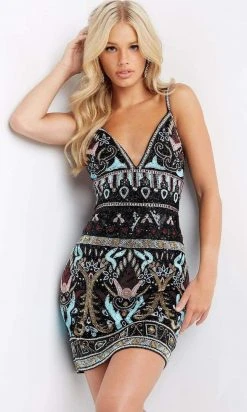 Jovani - 08447 Deep V-Neck Beaded Short Dress