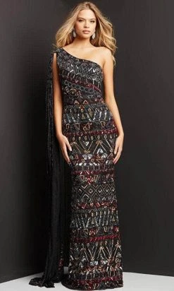 Jovani 08450 - Asymmetric With Shoulder Cape Long Dress
