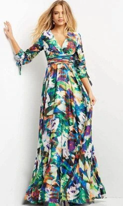 Jovani 08584 - Quarter Length Sleeve V-neck Long Dress