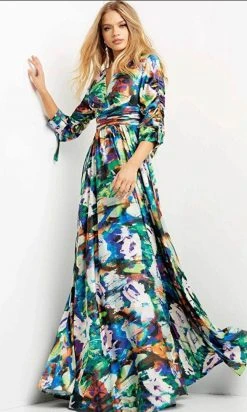 Jovani 08584 - Quarter Length Sleeve V-neck Long Dress 8 Jovani 08584 - Quarter Length Sleeve V-neck Long Dress