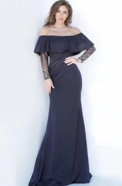 Jovani - 1152 Off-Shoulder Long Sleeves Sheath Dress