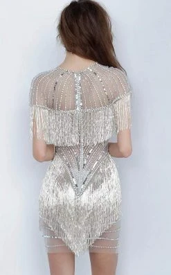 Jovani - 11999 Embellished Jewel Neck Fringe Fitted Dress
