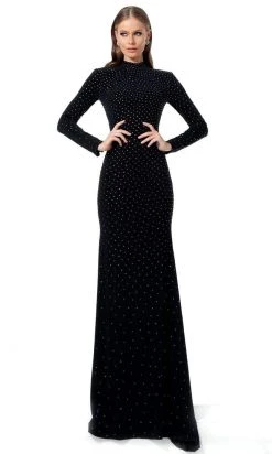 Jovani - 1459 Embellished Long Sleeve Trumpet Dress With Train