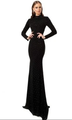 Jovani - 1459 Embellished Long Sleeve Trumpet Dress With Train