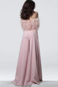 Jovani - 1542 Feathered Strapless Jumpsuit