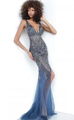 Jovani - 1863 Embellished Deep V-neck Tulle Trumpet Dress