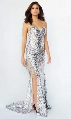 Jovani - 28285 Dangling Stud Slit Animal Print Gown