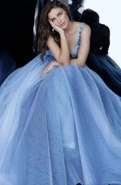 Jovani - 3110 Floral Applique Deep V-neck Tulle Ballgown 8 Jovani - 3110 Floral Applique Deep V-neck Tulle Ballgown