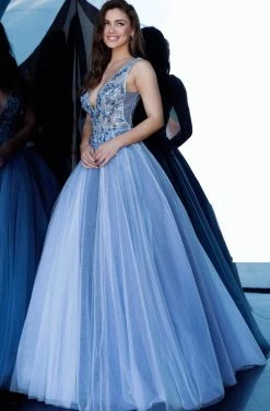 Jovani - 3110 Floral Applique Deep V-neck Tulle Ballgown 7 Jovani - 3110 Floral Applique Deep V-neck Tulle Ballgown