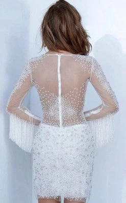 Jovani - 3152 Embellished Fringe Long Sleeve Cocktail Dress