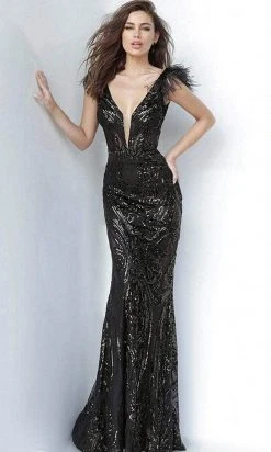 Jovani - 3180 Feathered Cap Sleeve Patterned Sequin Gown