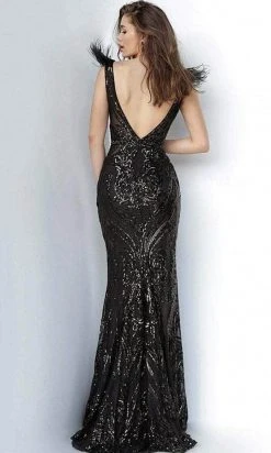 Jovani - 3180 Feathered Cap Sleeve Patterned Sequin Gown