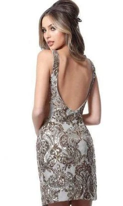 Jovani - 3414 Embellished Deep V-neck Sheath Dress