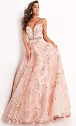 Jovani - 3614 Embellished Deep V Neck A-line Gown