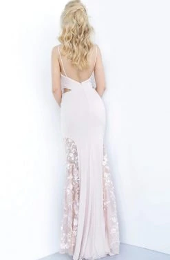 Jovani - 3770 Floral Applique Deep V-neck Sheath Dress