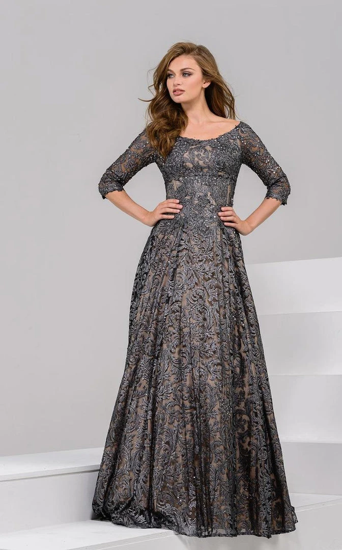 Jovani - 37938 Scoop Quarter Length Sleeves A Line Gown 3 Jovani - 37938 Scoop Quarter Length Sleeves A Line Gown