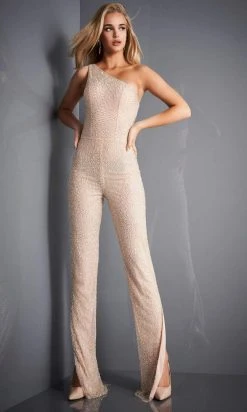 Jovani - 3816 Beaded One Shoulder Split Jumpsuit