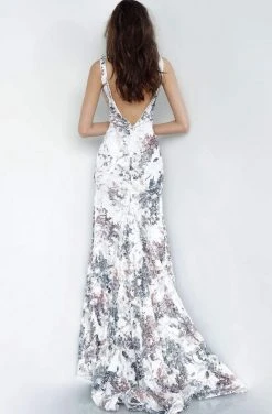 Jovani - 4074 Print Sequined Deep V-neck Trumpet Dress