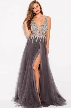 Jovani - 54873 Embellished Plunging V-neck A-line Dress