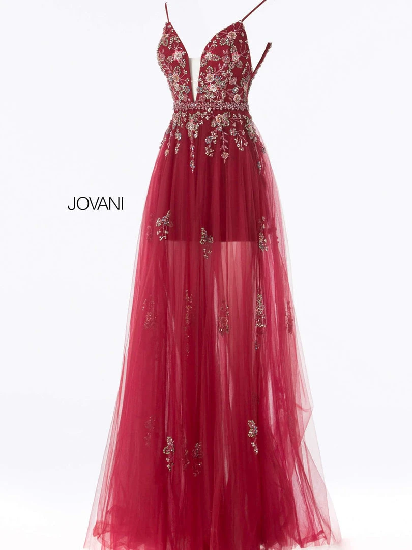Jovani - 55621 Plunging Neckline Floral Embellished Tulle Dress 11 Jovani - 55621 Plunging Neckline Floral Embellished Tulle Dress