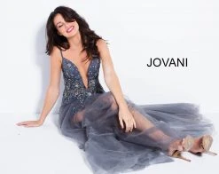 Jovani - 55621 Plunging Neckline Floral Embellished Tulle Dress 13 Jovani - 55621 Plunging Neckline Floral Embellished Tulle Dress