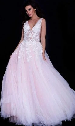 Jovani 55634 Sheer Floral Appliques V-Neck Ballgown