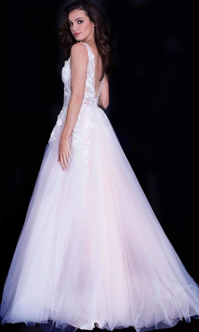 Jovani 55634 Sheer Floral Appliques V-Neck Ballgown 9 Jovani 55634 Sheer Floral Appliques V-Neck Ballgown