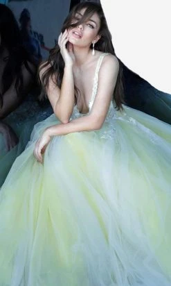 Jovani 55634 Sheer Floral Appliques V-Neck Ballgown 39 Jovani 55634 Sheer Floral Appliques V-Neck Ballgown