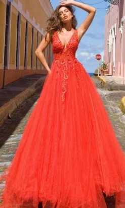 Jovani 55634 Sheer Floral Appliques V-Neck Ballgown 32 Jovani 55634 Sheer Floral Appliques V-Neck Ballgown