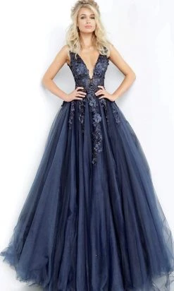 Jovani 55634 Sheer Floral Appliques V-Neck Ballgown 33 Jovani 55634 Sheer Floral Appliques V-Neck Ballgown