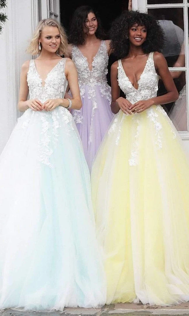 Jovani 55634 Sheer Floral Appliques V-Neck Ballgown 5 Jovani 55634 Sheer Floral Appliques V-Neck Ballgown