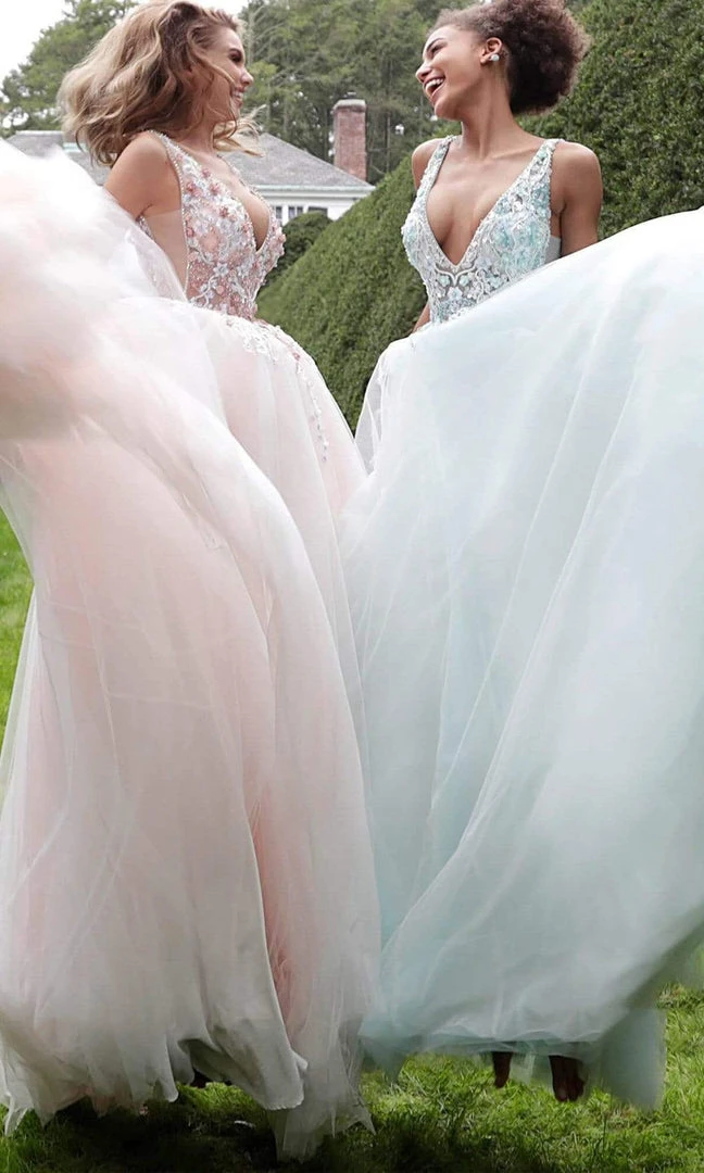 Jovani - 61109 Floral Applique Plunging V-neck Tulle Ballgown 8 Jovani - 61109 Floral Applique Plunging V-neck Tulle Ballgown