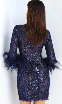 Jovani - 63351 Feathered Sleeve Fitted Cocktail Dress