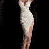 Jovani - 63405 Asymmetrical Beaded Illusion High Slit Gown