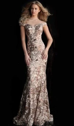 Jovani - 63516 Sequined Off Shoulder Floral Mermaid Gown