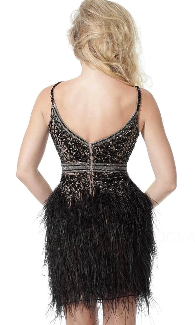 Jovani 64266 - V-Neck Feathered Sheath Cocktail Dress 4 Jovani 64266 - V-Neck Feathered Sheath Cocktail Dress