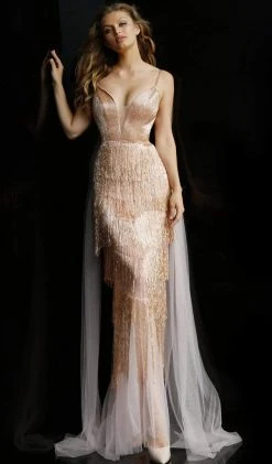 Jovani - 65346 Long Fringe Deep V-neck Tiered Sheath Dress