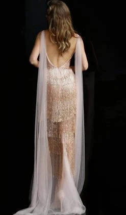 Jovani - 65346 Long Fringe Deep V-neck Tiered Sheath Dress