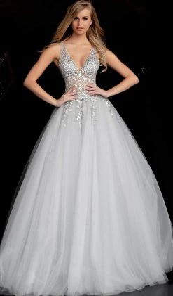 Jovani - 65379 Crystal Embellished Plunging V-neck Ballgown