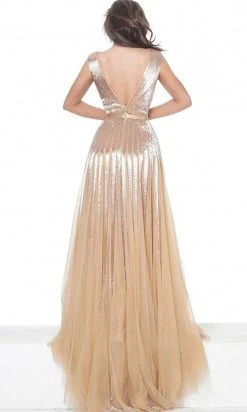 Jovani - 65830 Gold Beaded V Neck A-Line Gown