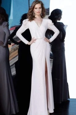 Jovani - 66323 V Neck Long Sleeve Beaded Embellished Prom Dress