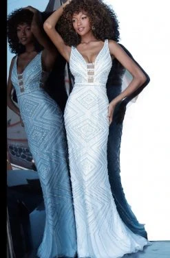 Jovani - 67668 Beaded Plunging V-Neck Sheath Dress