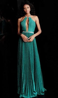 Jovani - 68090 Embellished Halter Pleated A-line Dress