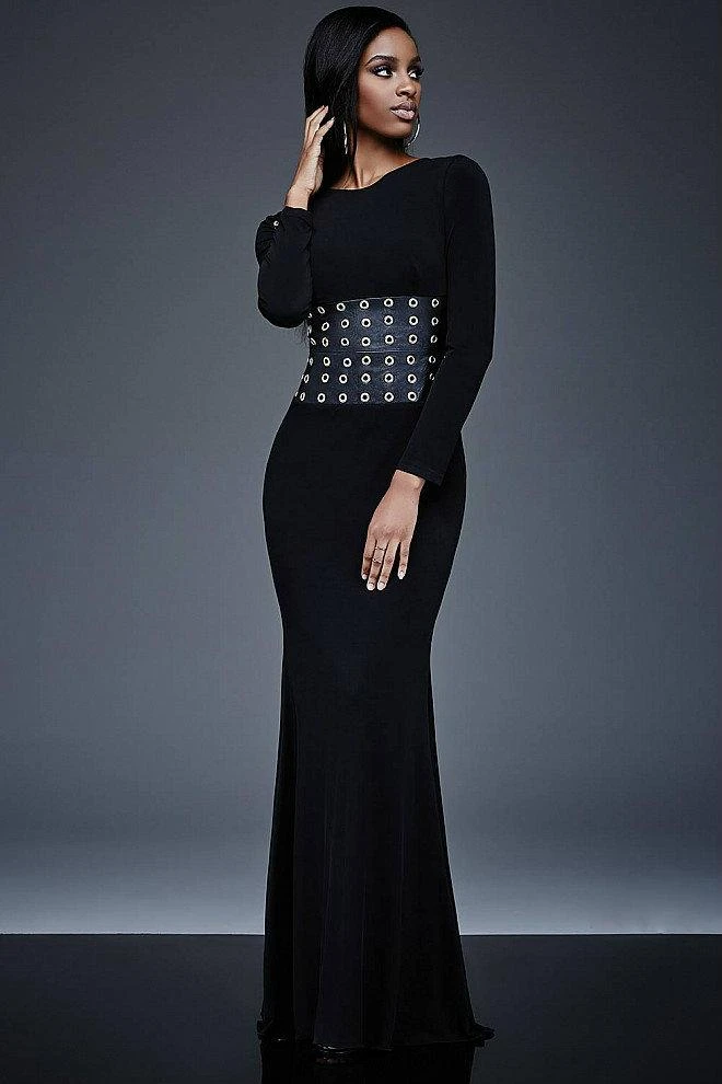 Jovani - Long Sleeve With Leather Waistline Black Evening Dress M309 3 Jovani - Long Sleeve With Leather Waistline Black Evening Dress M309