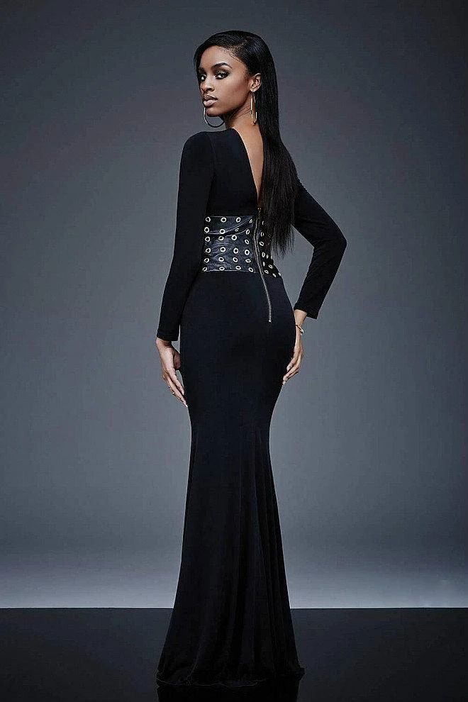 Jovani - Long Sleeve With Leather Waistline Black Evening Dress M309 4 Jovani - Long Sleeve With Leather Waistline Black Evening Dress M309