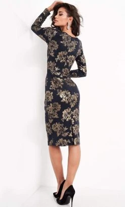 Jovani - M3281 Long Metallic Floral Print Sheath Dress